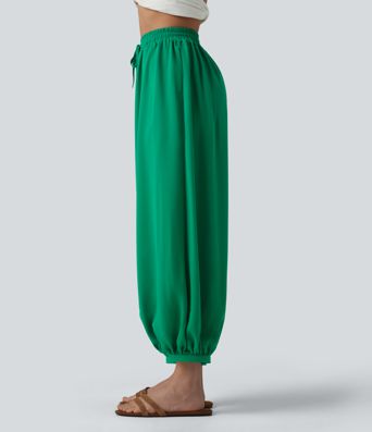 High Waisted Drawstring Linen-Feel Resort Flowy Balloon Pants with Pockets