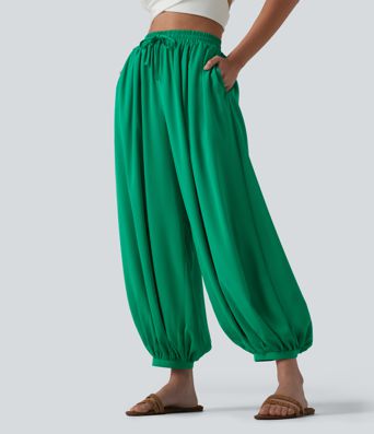 High Waisted Drawstring Linen-Feel Resort Flowy Balloon Pants with Pockets