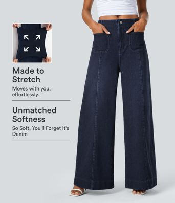 Halara Flex™ visoko pasni, oprani, sproščeni jeans s hlačnicami in žepi