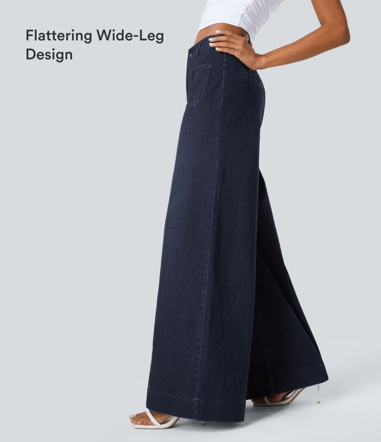 Halara Flex™ High Waisted Pockets Washed Casual Wide Leg Jeans