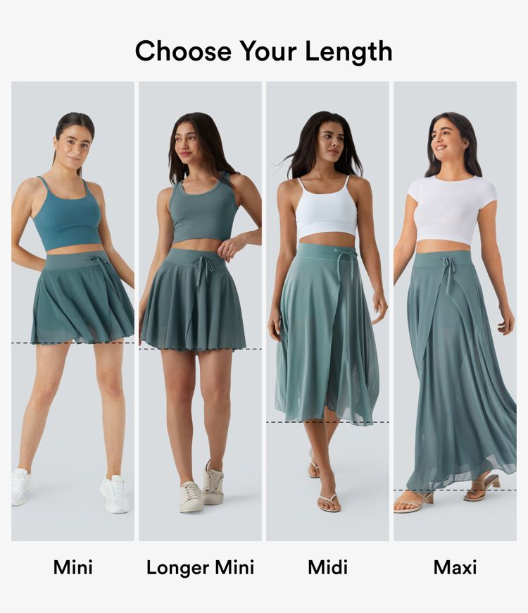 High Waisted Drawstring Contrast Mesh 2-in-1 Pocket Flowy Maxi Flare Casual Skirt