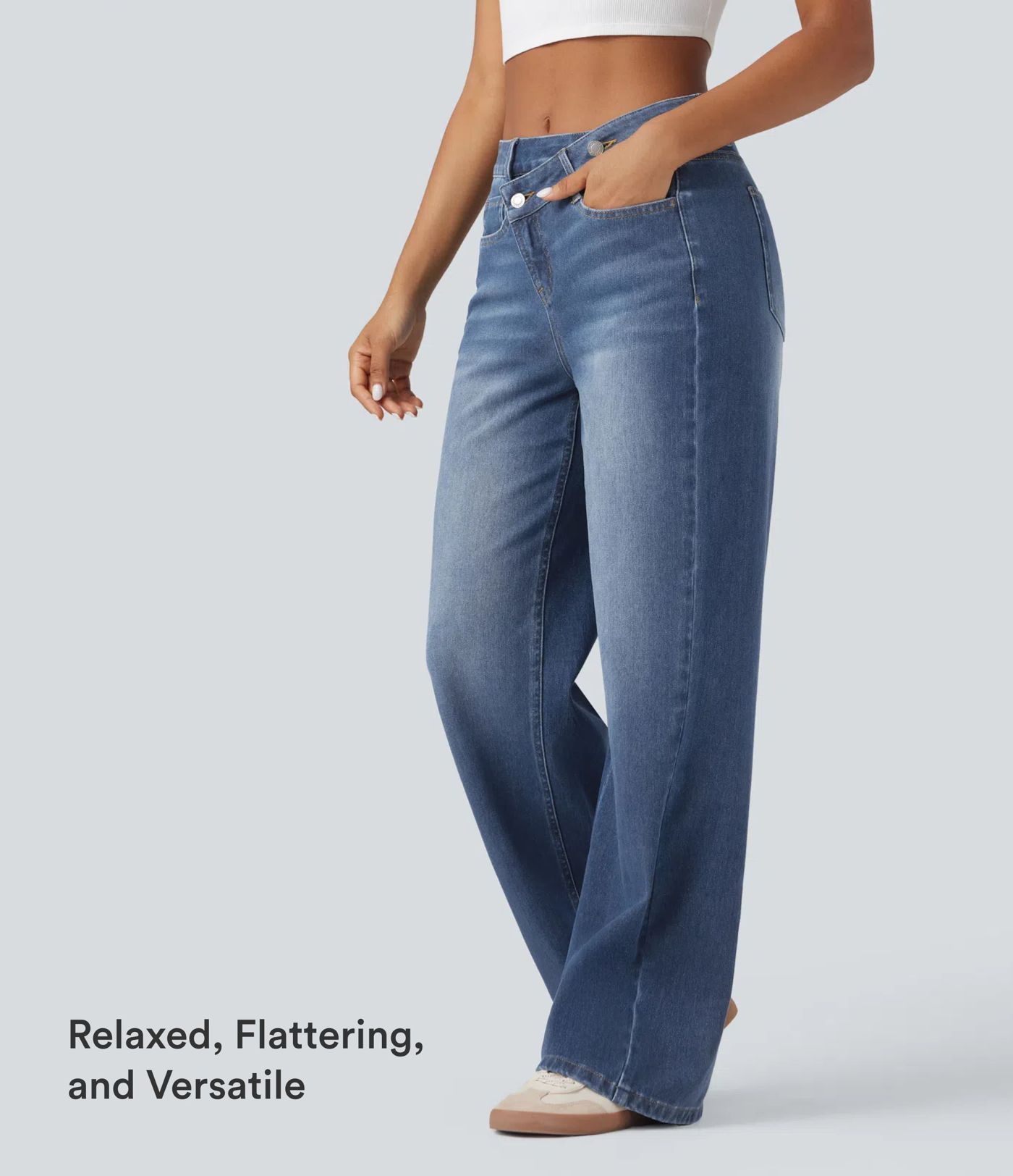Halara Flex™ Asymmetric High Waisted Washed Casual Baggy Jeans with Pockets