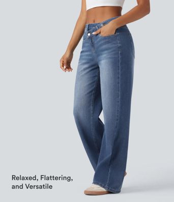 Halara Flex™ Asymmetric High Waisted Washed Casual Baggy Jeans with Pockets