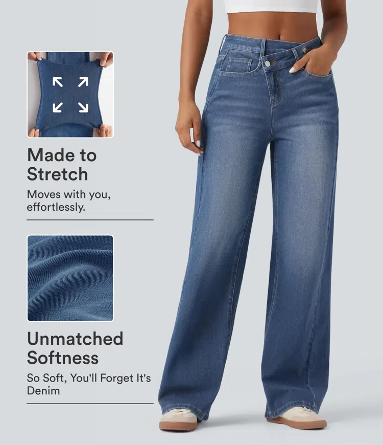 Halara Flex™ Jeans casual asimétricos cintura alta lavado con bolsillos