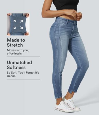 Halara Flex™ Orta Bel Düşük Fermuarlı Cepli Rahat Dar Kesim Kot Pantolon