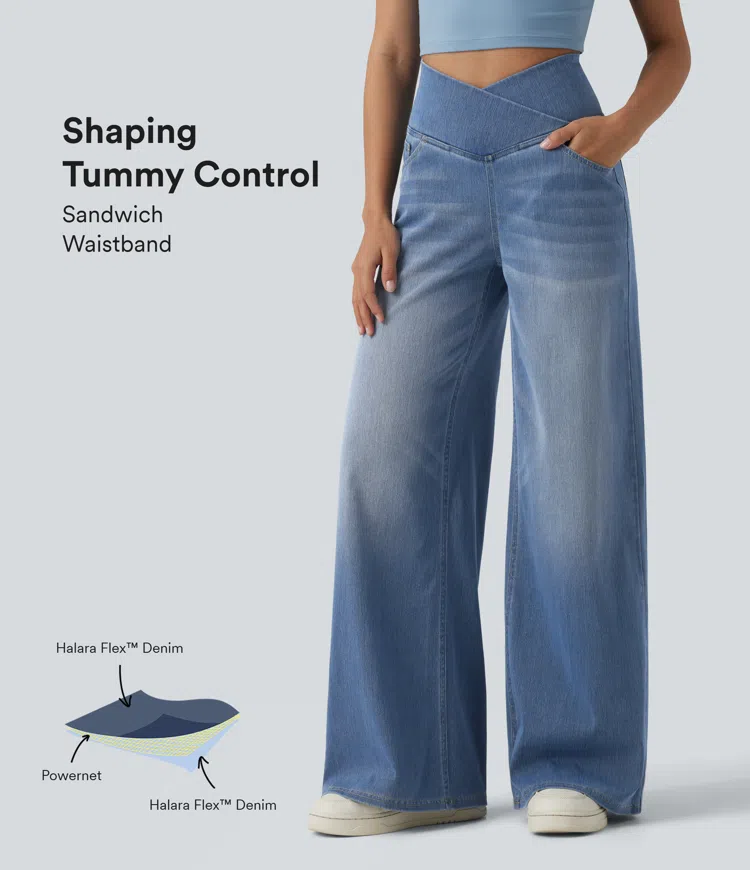 Halara Flex™ Crossover High Waisted Tummy Control Wide Leg Casual Jeans with Pockets