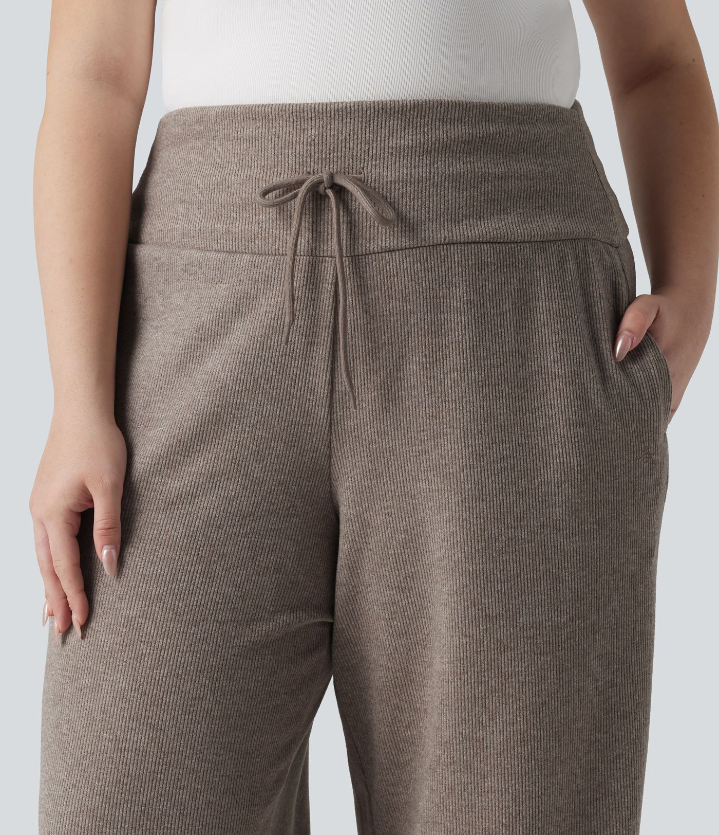 Plus Size Ribbed Knit High Waisted Tummy Control Drawstring Wide Leg Casual Trousers with Pockets