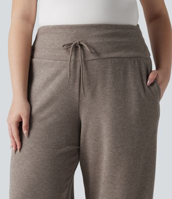 Plus Size Ribbed Knit High Waisted Tummy Control Drawstring Wide Leg Casual Trousers with Pockets