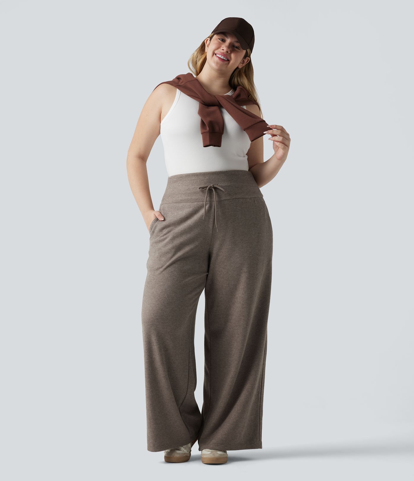 Plus Size Ribbed Knit High Waisted Tummy Control Drawstring Wide Leg Casual Trousers with Pockets