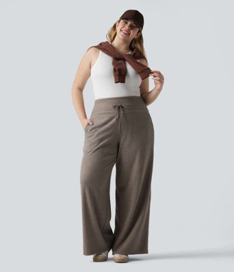 Plus Size Ribbed Knit High Waisted Tummy Control Drawstring Wide Leg Casual Trousers with Pockets
