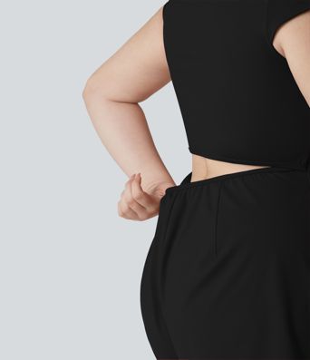 Plus Size SoftlyZero™ Airy U Neck Cap Sleeve Cool Touch Yoga Playsuit with Pockets-Easy Peezy Edition Plus Size SoftlyZero™ Airy U Neck Cap Sleeve Cool Touch Yoga Playsuit with Pockets-Easy Peezy Edition