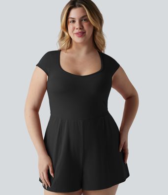 Plus Size SoftlyZero™ Airy U Neck Cap Sleeve Cool Touch Yoga Playsuit with Pockets-Easy Peezy Edition Plus Size SoftlyZero™ Airy U Neck Cap Sleeve Cool Touch Yoga Playsuit with Pockets-Easy Peezy Edition