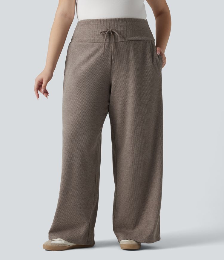 Plus Size Ribbed Knit High Waisted Tummy Control Drawstring Wide Leg Casual Trousers with Pockets