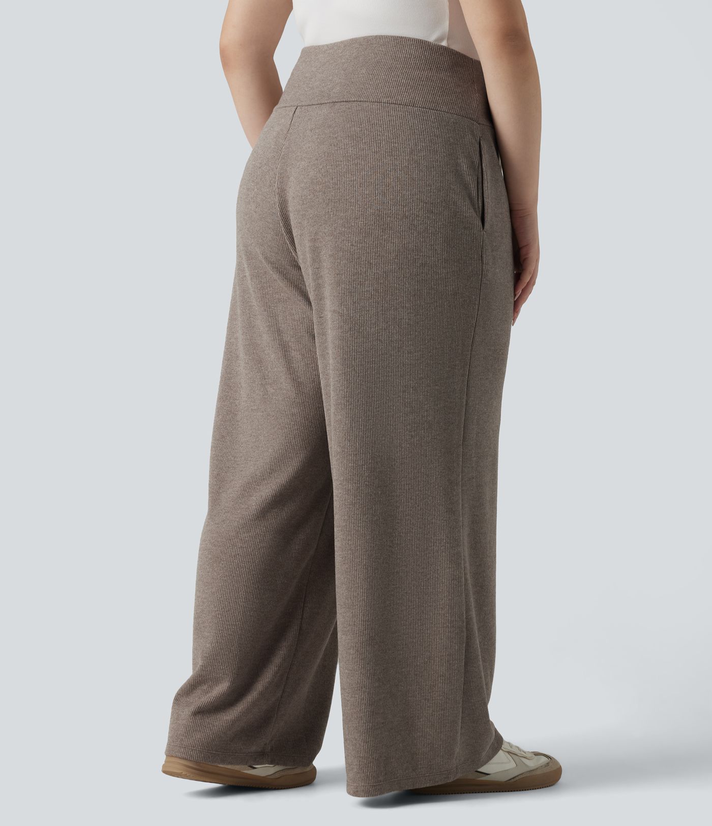 Plus Size Ribbed Knit High Waisted Tummy Control Drawstring Wide Leg Casual Trousers with Pockets