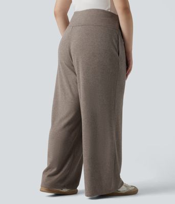 Plus Size Ribbed Knit High Waisted Tummy Control Drawstring Wide Leg Casual Trousers with Pockets