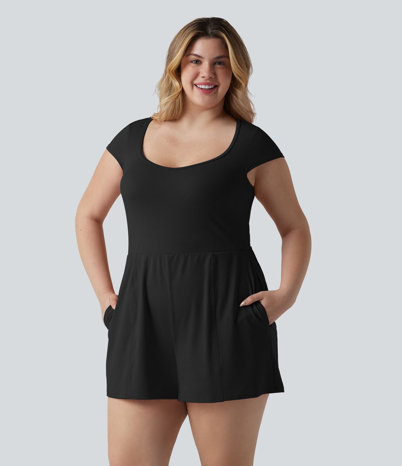 Plus Size SoftlyZero™ Airy U Neck Cap Sleeve Cool Touch Yoga Playsuit with Pockets-Easy Peezy Edition Plus Size SoftlyZero™ Airy U Neck Cap Sleeve Cool Touch Yoga Playsuit with Pockets-Easy Peezy Edition