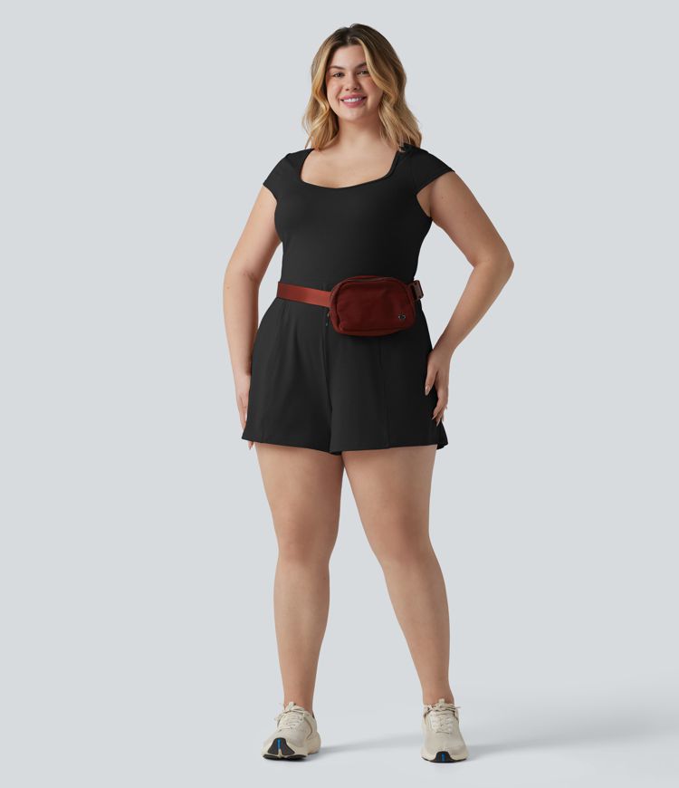 Plus Size SoftlyZero™ Airy U Neck Cap Sleeve Cool Touch Yoga Playsuit with Pockets-Easy Peezy Edition Plus Size SoftlyZero™ Airy U Neck Cap Sleeve Cool Touch Yoga Playsuit with Pockets-Easy Peezy Edition