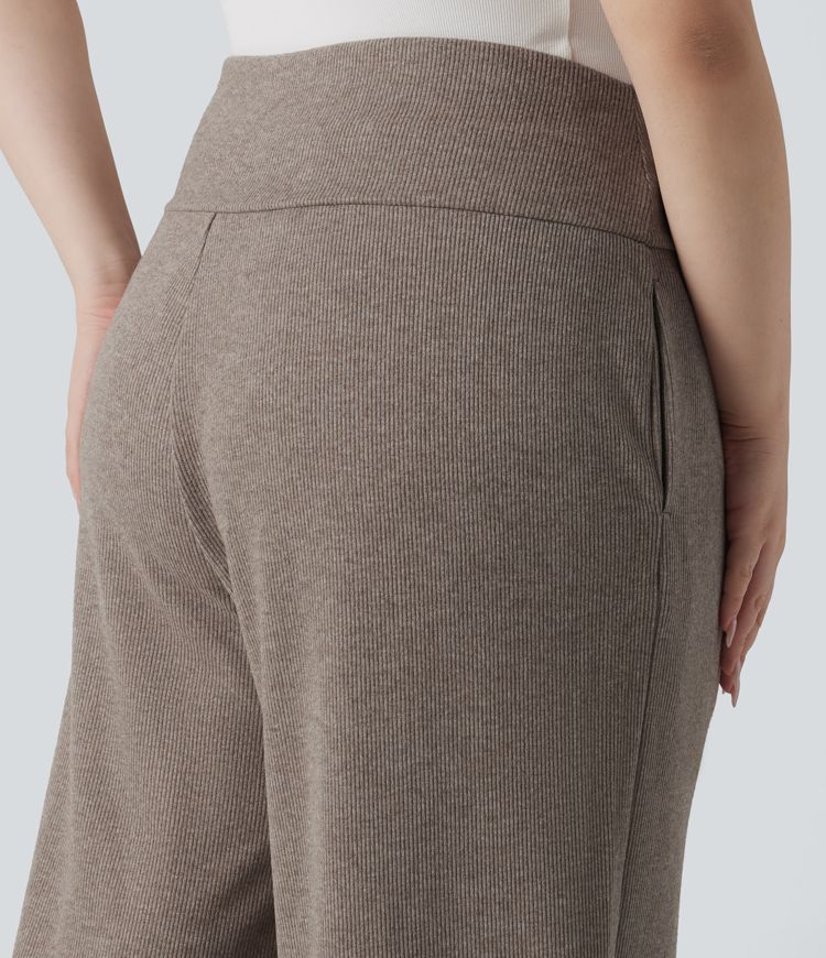 Plus Size Ribbed Knit High Waisted Tummy Control Drawstring Wide Leg Casual Trousers with Pockets