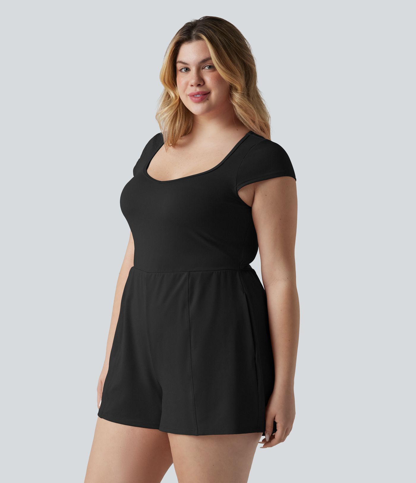 Plus Size SoftlyZero™ Airy U Neck Cap Sleeve Cool Touch Yoga Playsuit with Pockets-Easy Peezy Edition Plus Size SoftlyZero™ Airy U Neck Cap Sleeve Cool Touch Yoga Playsuit with Pockets-Easy Peezy Edition