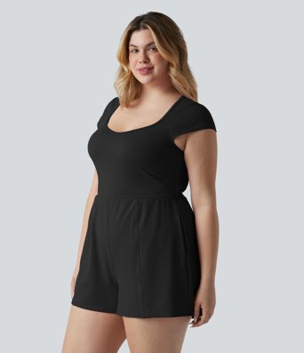 Plus Size SoftlyZero™ Airy U Neck Cap Sleeve Cool Touch Yoga Playsuit with Pockets-Easy Peezy Edition Plus Size SoftlyZero™ Airy U Neck Cap Sleeve Cool Touch Yoga Playsuit with Pockets-Easy Peezy Edition