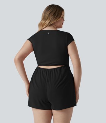 Plus Size SoftlyZero™ Airy U Neck Cap Sleeve Cool Touch Yoga Playsuit with Pockets-Easy Peezy Edition Plus Size SoftlyZero™ Airy U Neck Cap Sleeve Cool Touch Yoga Playsuit with Pockets-Easy Peezy Edition