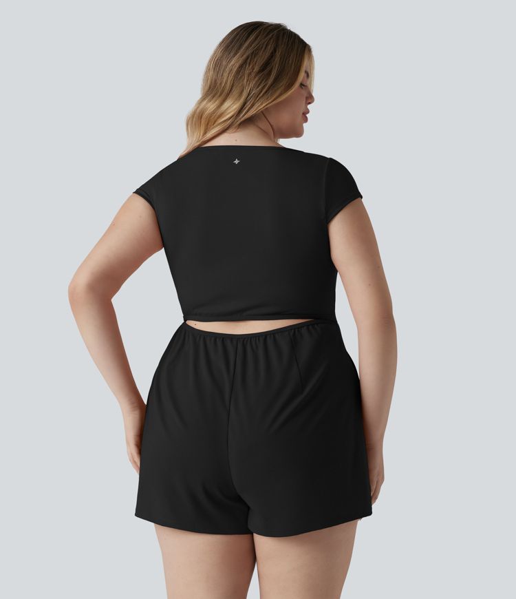 Plus Size SoftlyZero™ Airy U Neck Cap Sleeve Cool Touch Yoga Playsuit with Pockets-Easy Peezy Edition Plus Size SoftlyZero™ Airy U Neck Cap Sleeve Cool Touch Yoga Playsuit with Pockets-Easy Peezy Edition