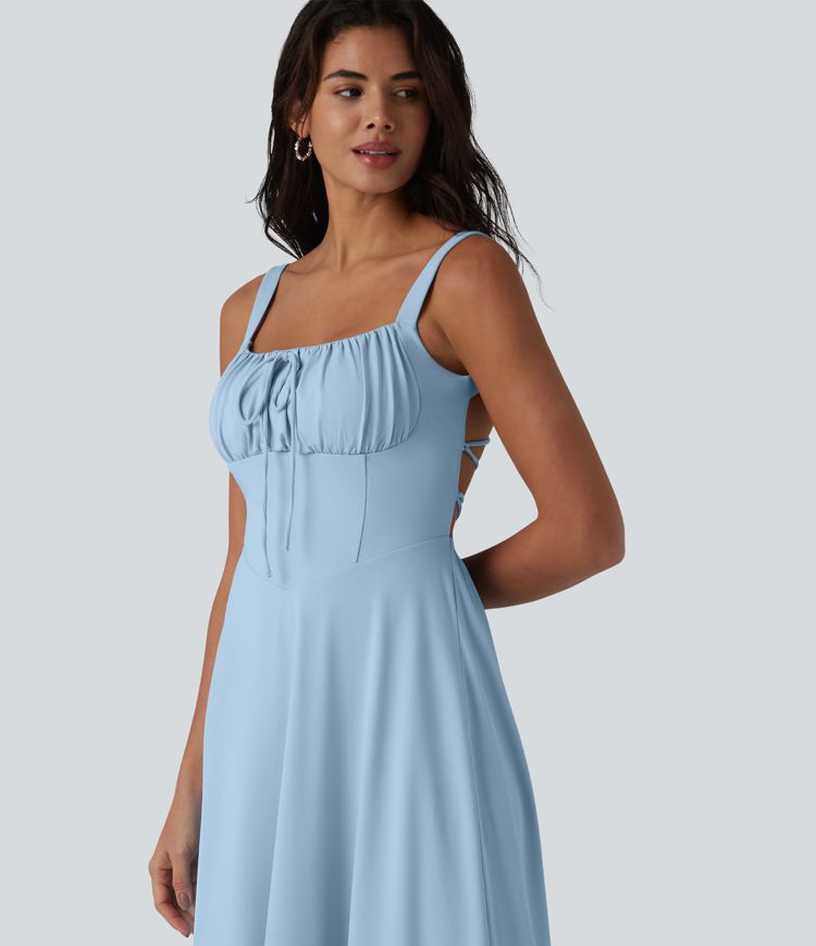 Crisscross Backless Square Neck Sleeveless Ruched Built-in Bra Midi Resort Flowy Dress