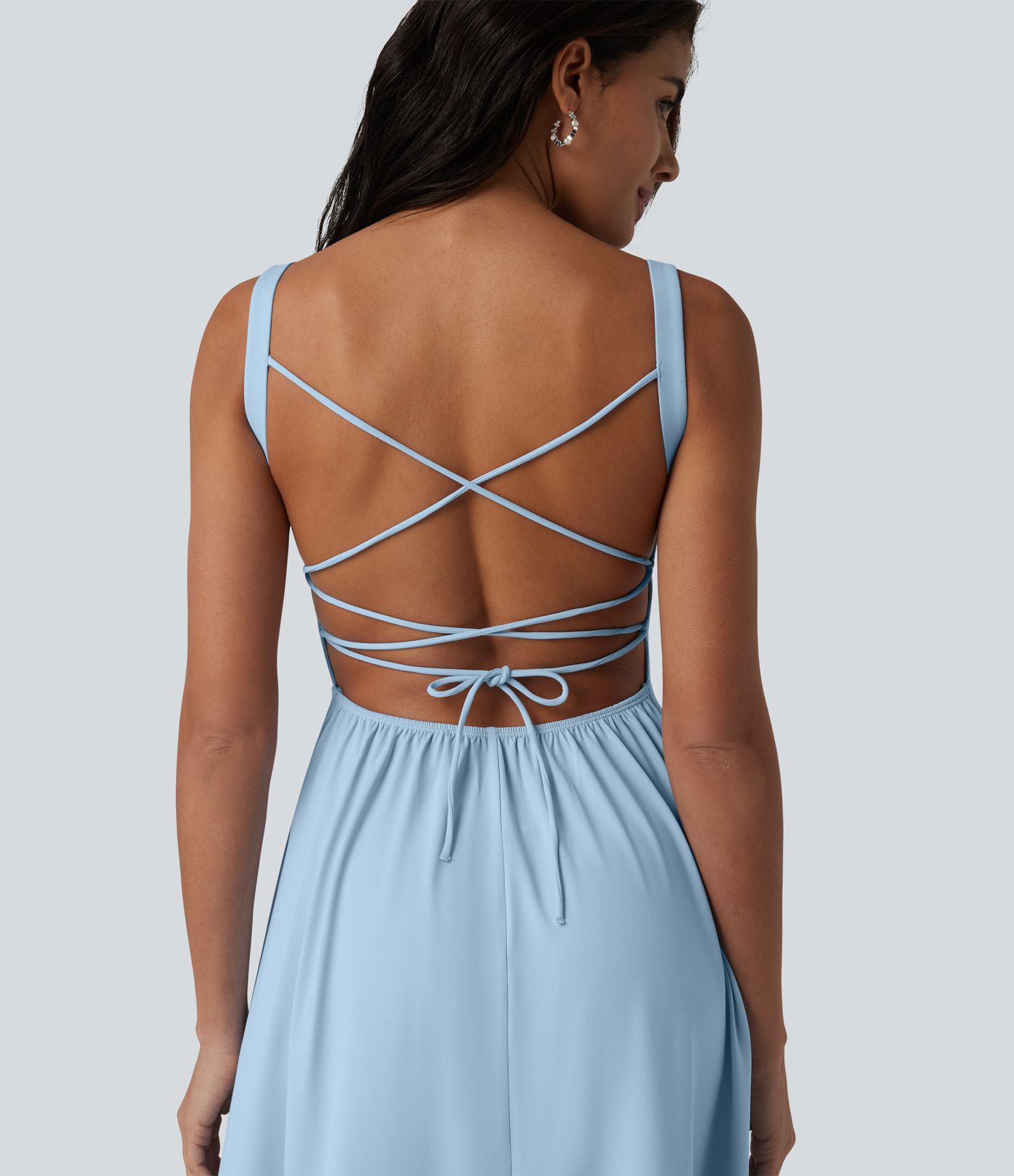 Crisscross Backless Square Neck Sleeveless Ruched Built-in Bra Midi Resort Flowy Dress