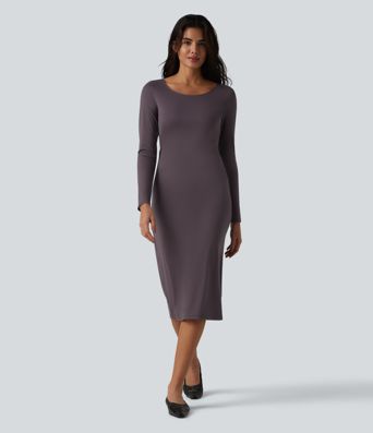 Scoop Neck Long Sleeve Split Midi Bodycon Casual Dress