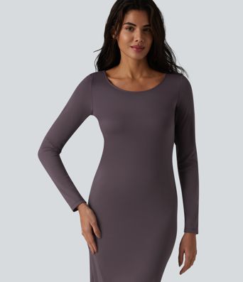 Scoop Neck Long Sleeve Split Midi Bodycon Casual Dress