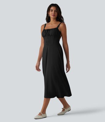 Robe fluide midi de villégiature sans manches, encolure carrée, dos nu croisé, fronces et soutien-gorge intégré