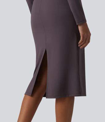 Scoop Neck Long Sleeve Split Midi Bodycon Casual Dress