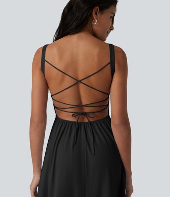Robe fluide midi de villégiature sans manches, encolure carrée, dos nu croisé, fronces et soutien-gorge intégré