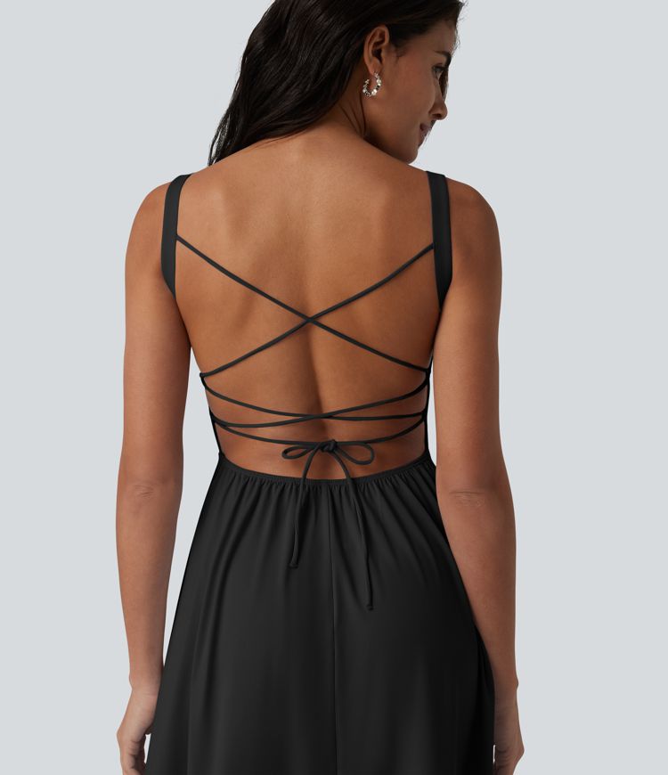 Robe fluide midi de villégiature sans manches, encolure carrée, dos nu croisé, fronces et soutien-gorge intégré
