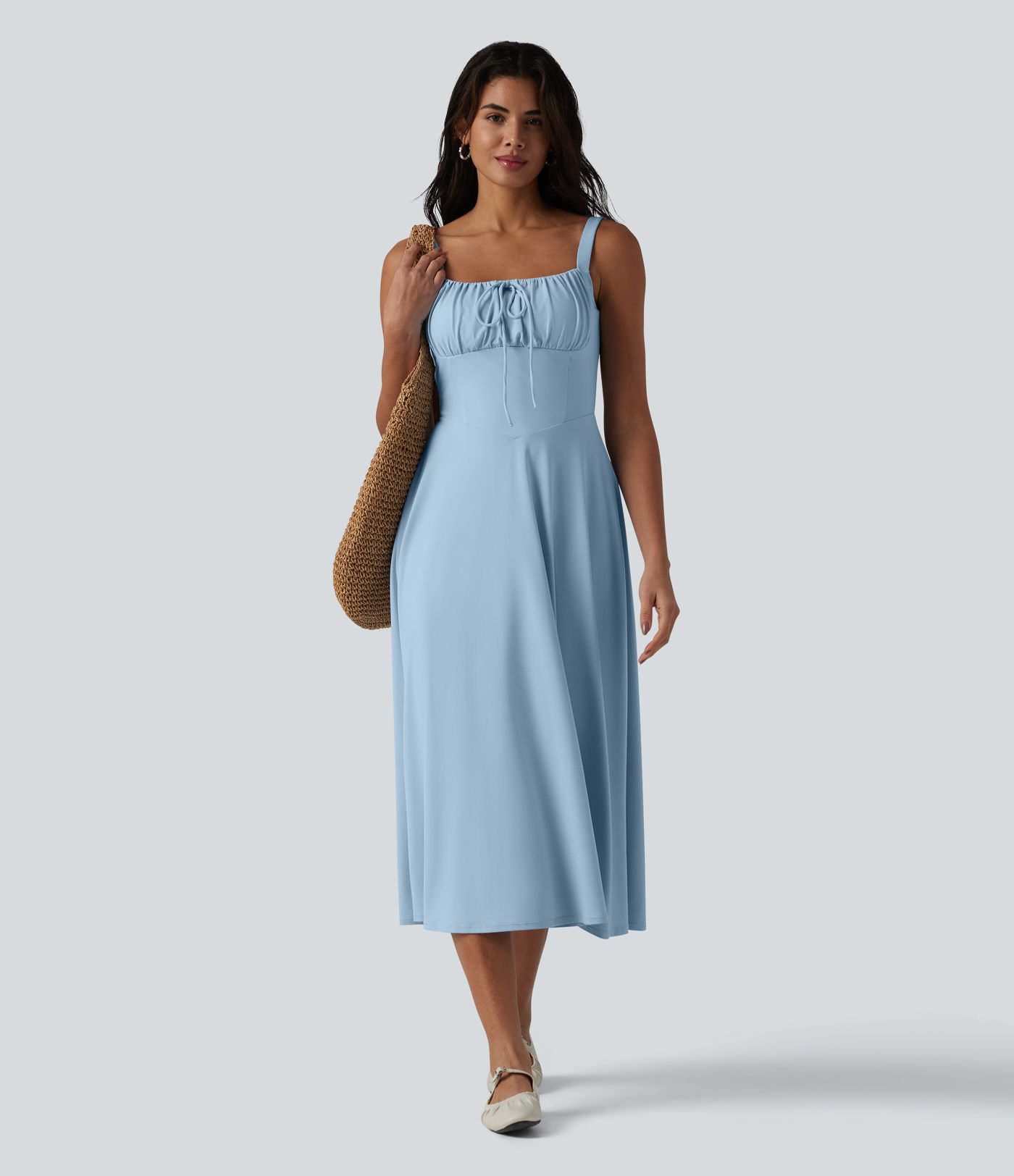 Crisscross Backless Square Neck Sleeveless Ruched Built-in Bra Midi Resort Flowy Dress