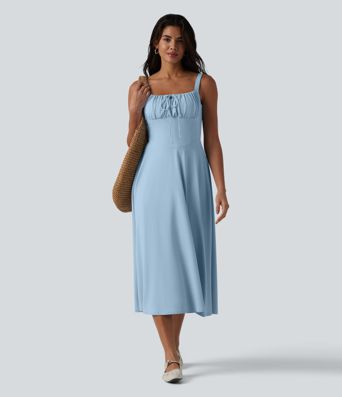 Crisscross Backless Square Neck Sleeveless Ruched Built-in Bra Midi Resort Flowy Dress