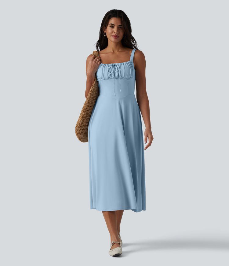 Crisscross Backless Square Neck Sleeveless Ruched Built-in Bra Midi Resort Flowy Dress