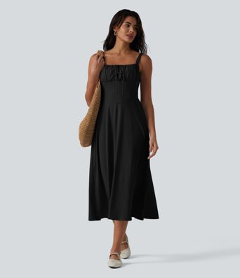 Robe fluide midi de villégiature sans manches, encolure carrée, dos nu croisé, fronces et soutien-gorge intégré