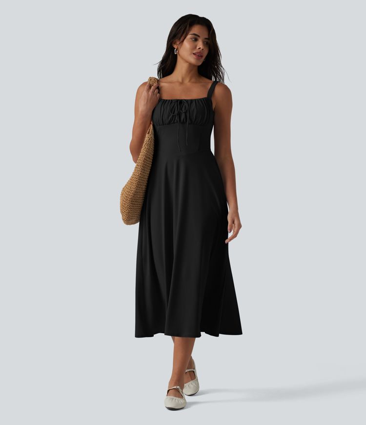 Robe fluide midi de villégiature sans manches, encolure carrée, dos nu croisé, fronces et soutien-gorge intégré