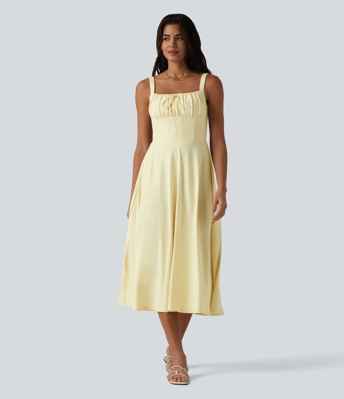 Crisscross Backless Square Neck Sleeveless Ruched Built-in Bra Midi Resort Flowy Dress