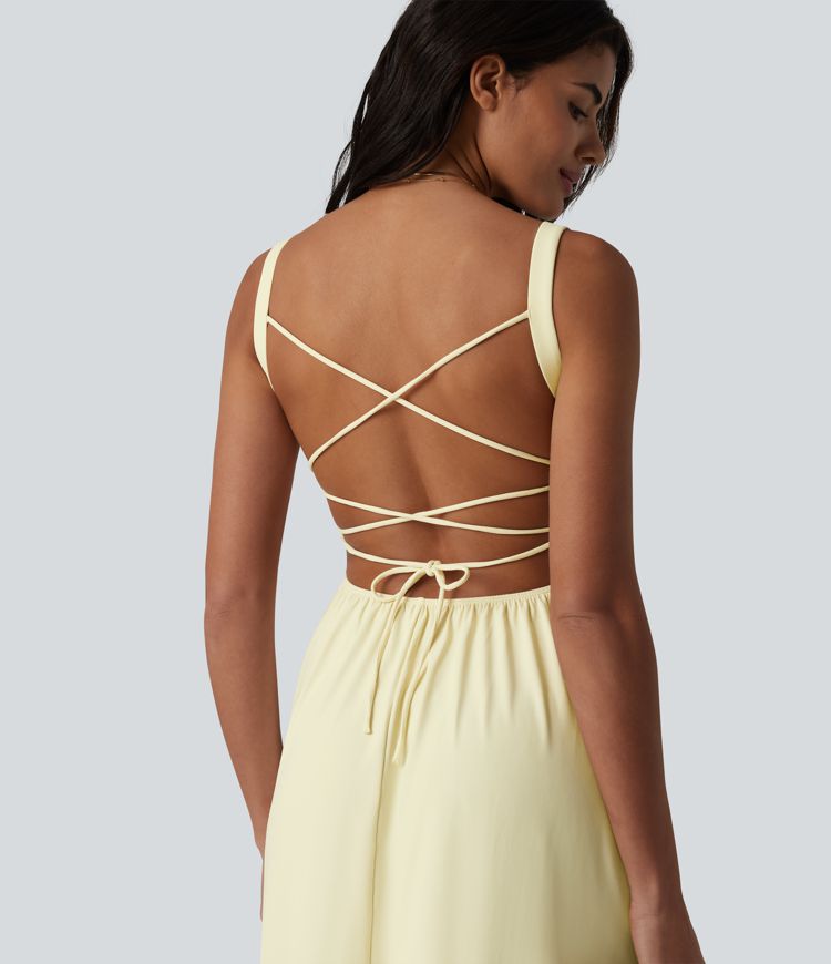 Crisscross Backless Square Neck Sleeveless Ruched Built-in Bra Midi Resort Flowy Dress