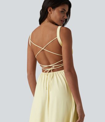 Crisscross Backless Square Neck Sleeveless Ruched Built-in Bra Midi Resort Flowy Dress