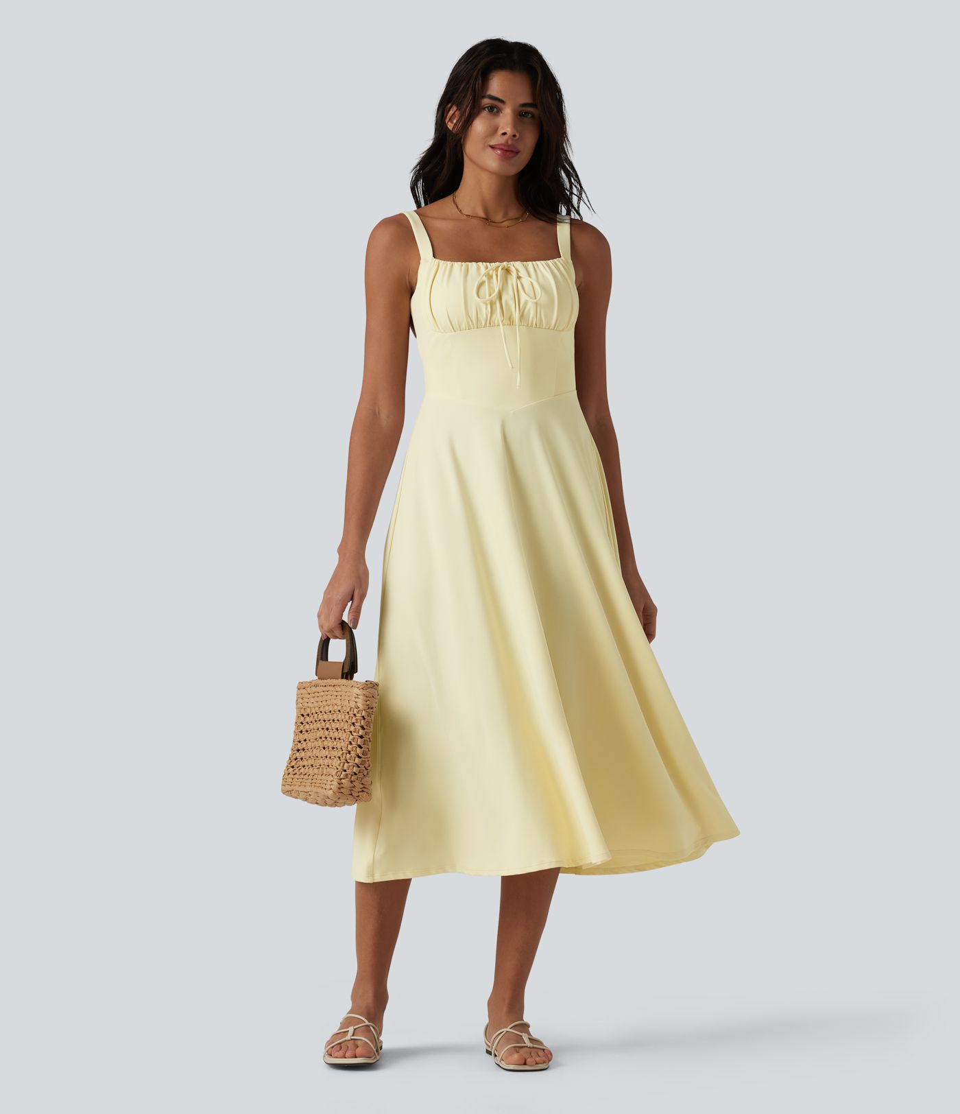 Crisscross Backless Square Neck Sleeveless Ruched Built-in Bra Midi Resort Flowy Dress