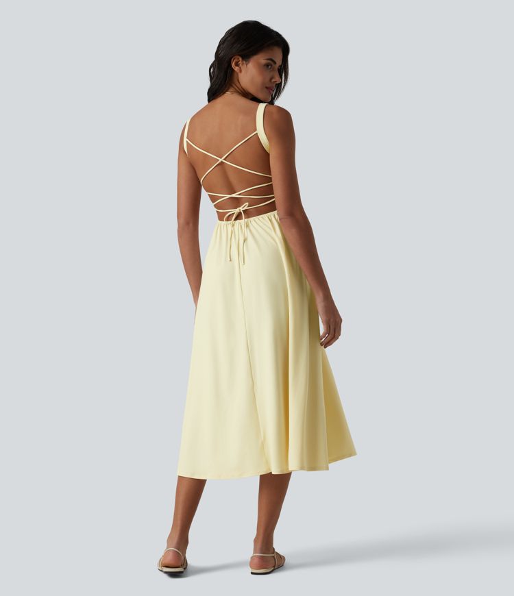 Crisscross Backless Square Neck Sleeveless Ruched Built-in Bra Midi Resort Flowy Dress