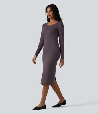 Scoop Neck Long Sleeve Split Midi Bodycon Casual Dress
