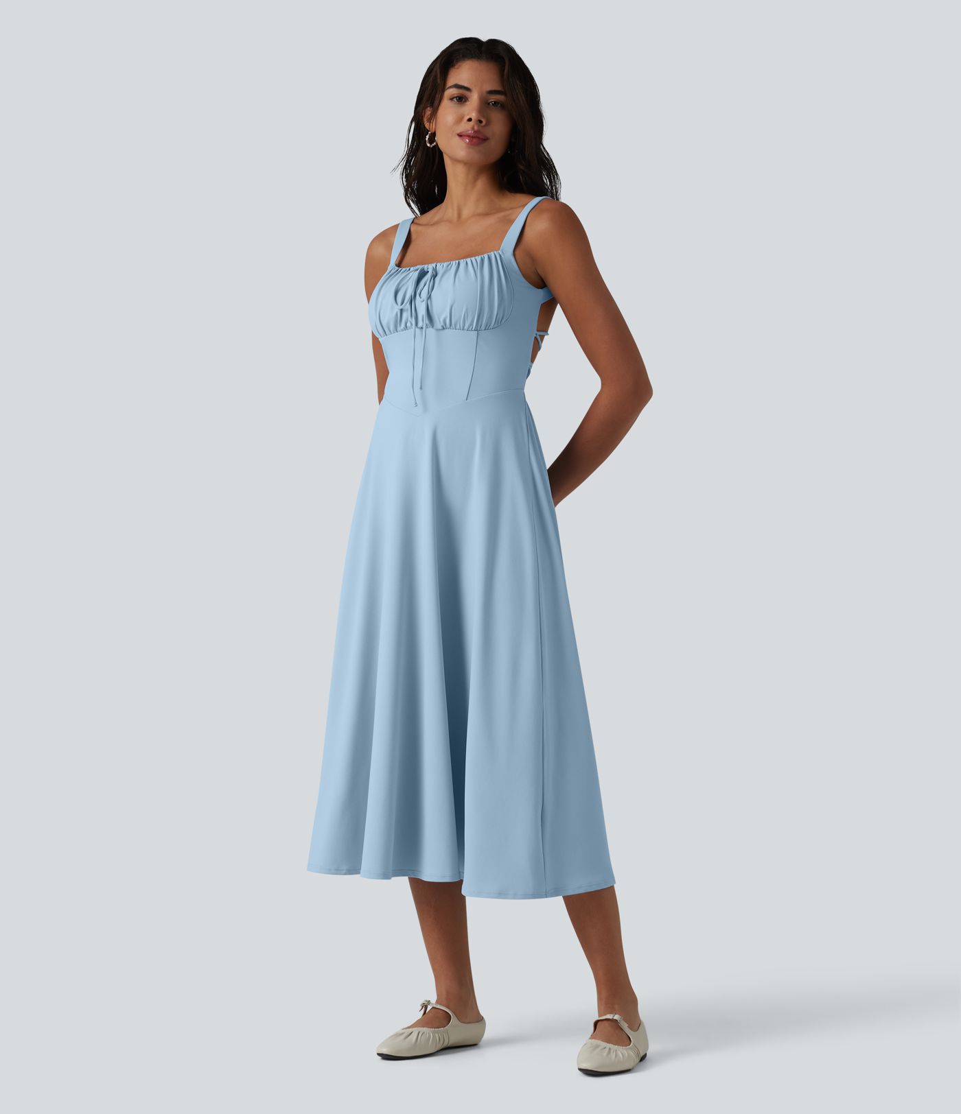 Crisscross Backless Square Neck Sleeveless Ruched Built-in Bra Midi Resort Flowy Dress