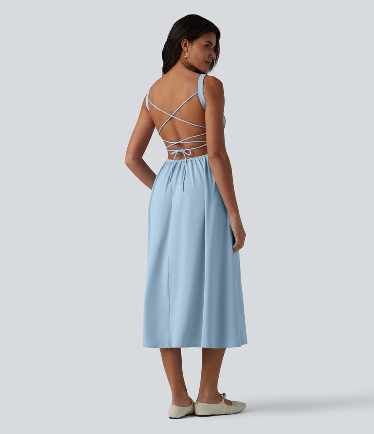 Crisscross Backless Square Neck Sleeveless Ruched Built-in Bra Midi Resort Flowy Dress