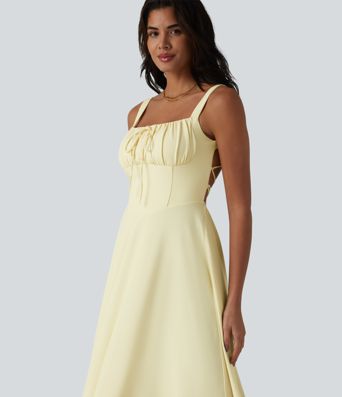 Crisscross Backless Square Neck Sleeveless Ruched Built-in Bra Midi Resort Flowy Dress