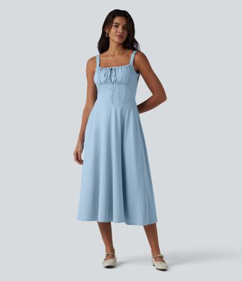 Crisscross Backless Square Neck Sleeveless Ruched Built-in Bra Midi Resort Flowy Dress