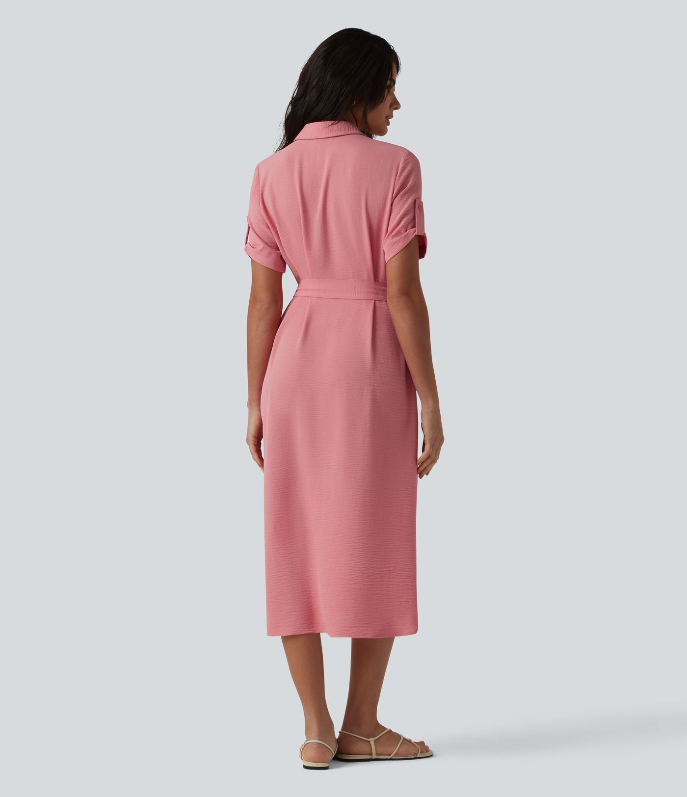 Hemdkleid in Leinenoptik mit Brusttaschen, kurzen Ärmeln und Gürtel